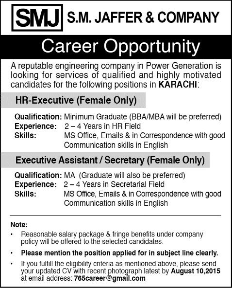 SM Jaffer & Company Karachi Jobs 2015 July for Executive Assistant / Secretary & HR Executive