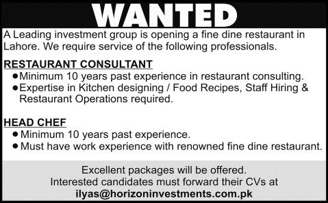 Restaurant Consultant & Head Chef Jobs in Lahore 2015 July Latest