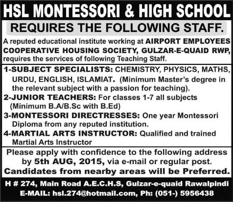 HSL Montessori and High School Rawalpindi Jobs 2015 July Teaching Faculty & Montessori Directress