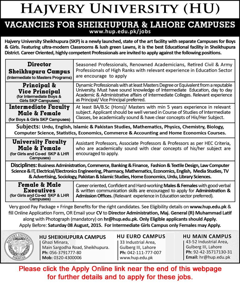 Hajvery University Sheikhupura / Lahore Campus Jobs 2015 July Apply Online Teaching & Admin Staff
