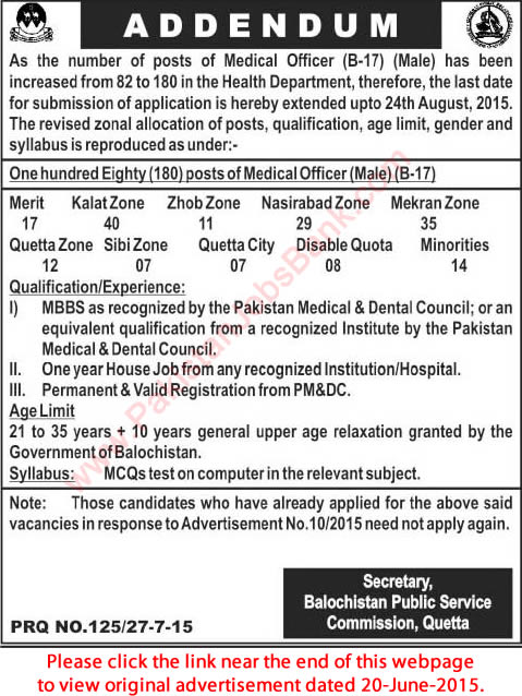 Balochistan Public Service Commission Jobs 2015 July / August BPSC Medical Officers Latest Addendum