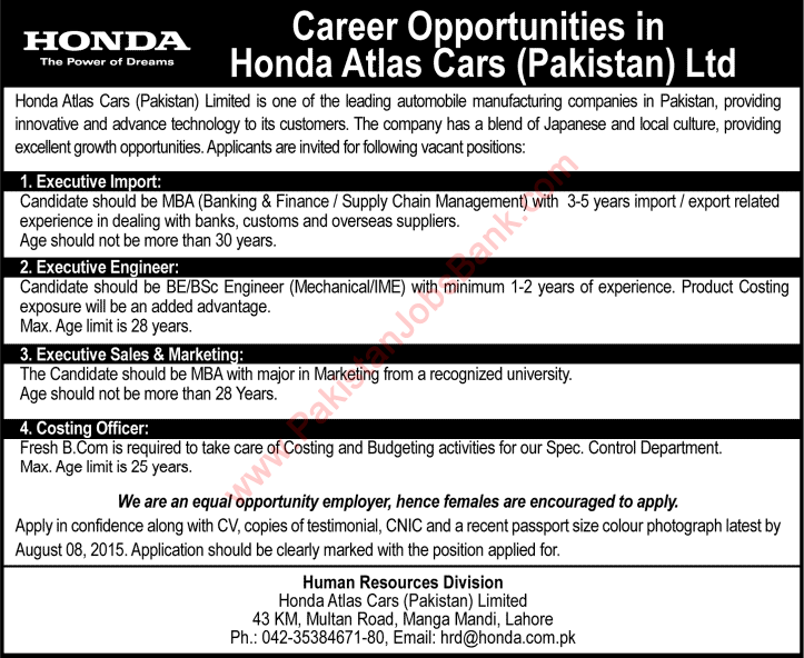 Honda Atlas Cars Pakistan Jobs 2015 August Import / Sales Executives, Mechanical Engineer & Costing Officer