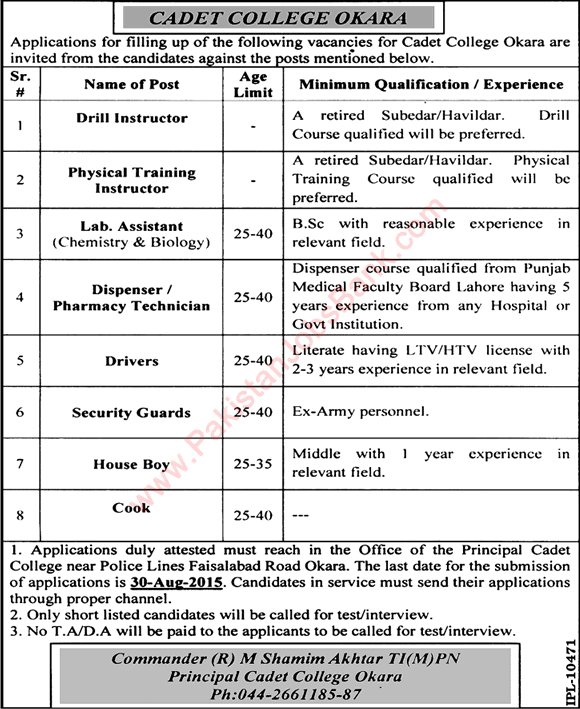 Cadet College Okara Jobs 2015 August Physical Training Instructor, Lab Assistant, Dispenser, Drivers & Others