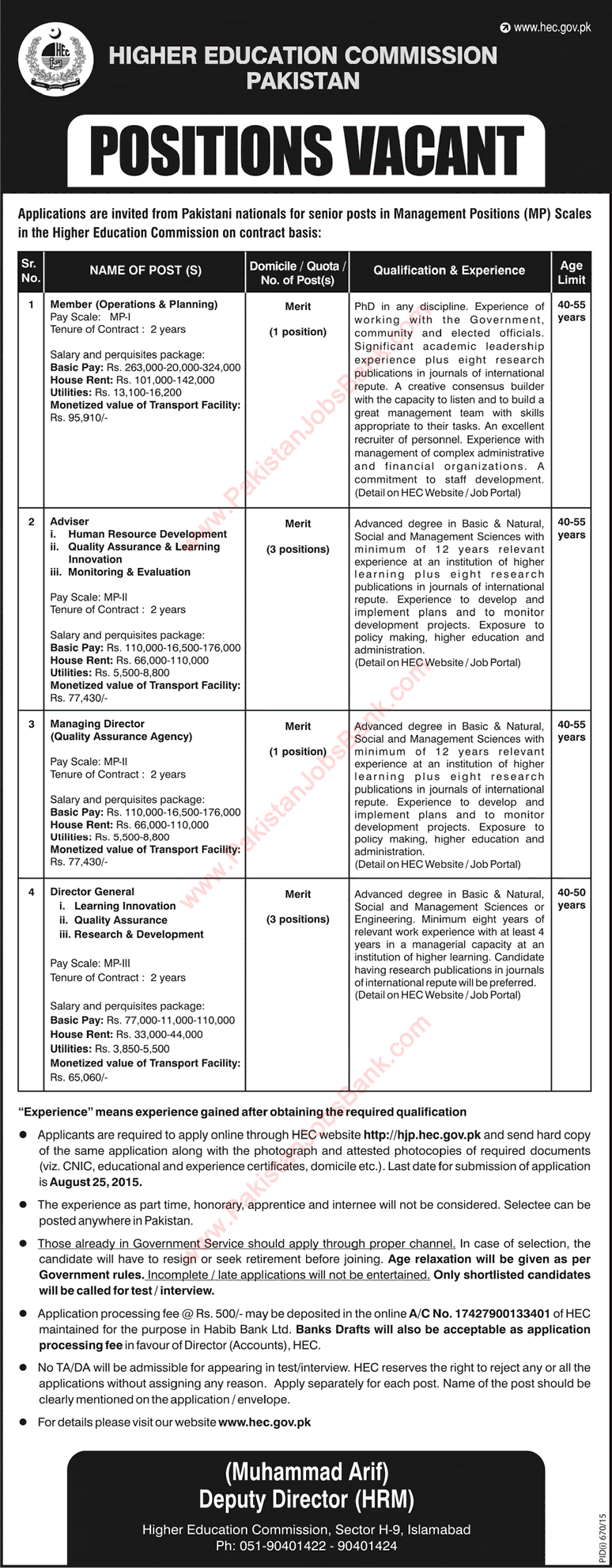 Higher Education Commission Jobs 2015 August HEC Apply Online Member, Advisers & Directors Latest