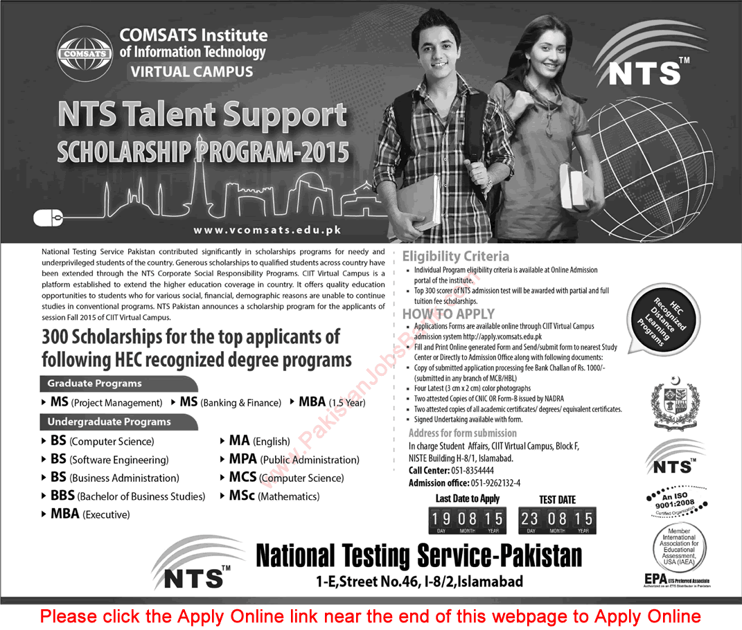 COMSATS NTS Talent Support Scholarship Program 2015 Apply Online CIIT Virtual Campus Latest