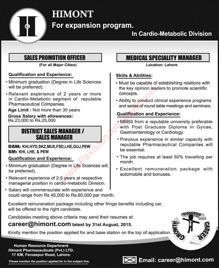 Himont Pharmaceuticals Jobs 2015 August Sales Promotion Officers, Sales Managers & Others