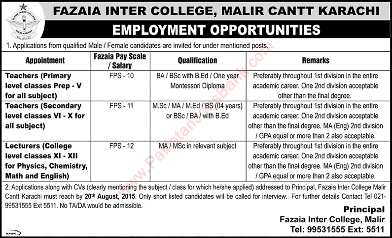 Fazaia Inter College Malir Cantt Karachi Jobs 2015 August Lecturers & Teachers Latest