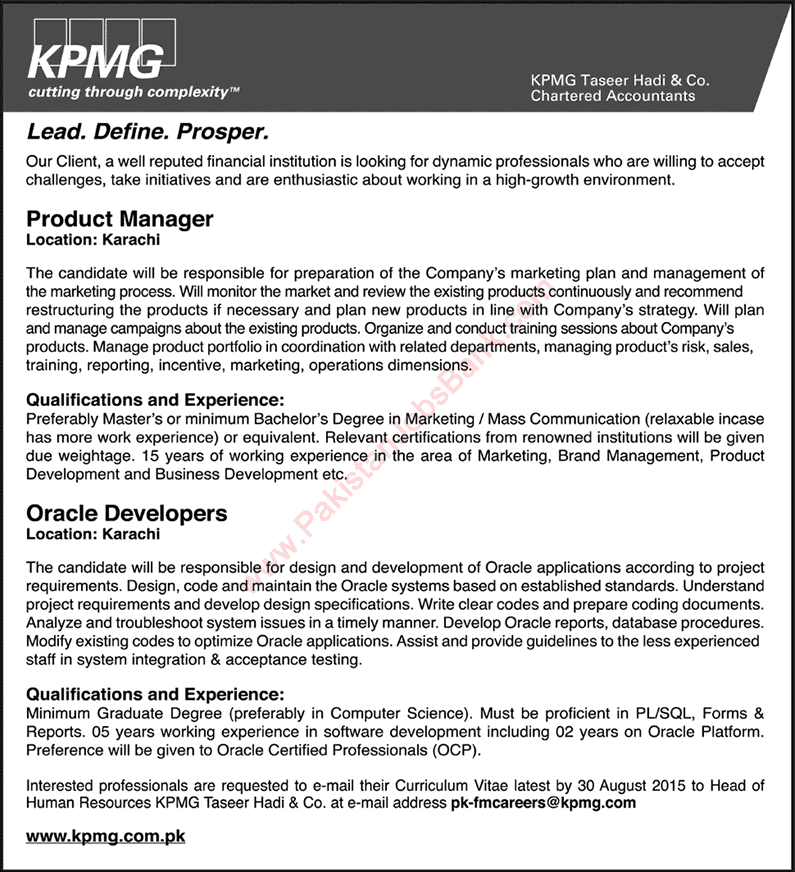KPMG Taseer Hadi & Co Karachi Jobs 2015 August Product Manager & Oracle Developers