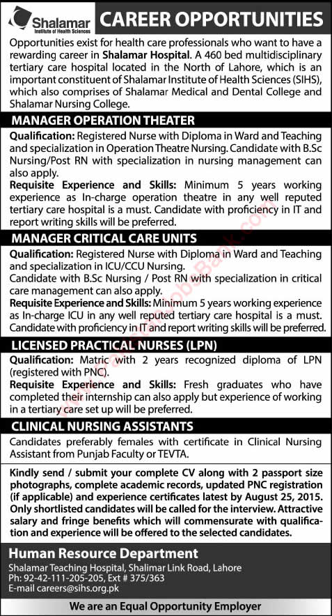 Shalamar Hospital Lahore Jobs 2015 August Nurses, Operation Theater / CCU Managers & Nursing Assistants