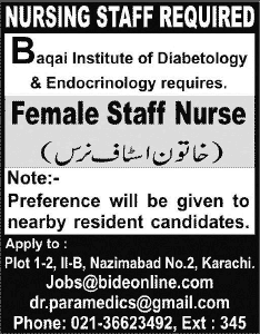 Nursing Jobs in Karachi 2015 August Staff Nurse at Baqai Institute of Diabetology & Endocrinology
