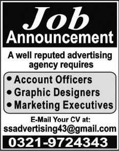 Accounts Officers, Graphic Designers & Marketing Executive Jobs in Pakistan 2015 August Advertising Agency