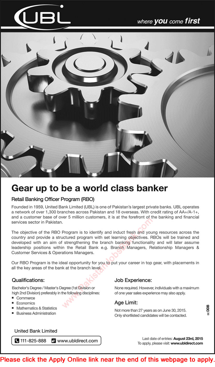 UBL Retail Banking Officer Jobs 2015 August Apply Online RBO Program Latest