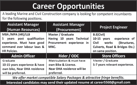 Marine and Civil Construction Company Jobs in Karachi 2015 August for Administrative Staff