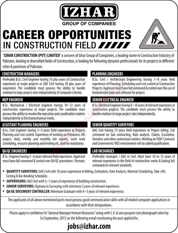 Izhar Construction Jobs 2015 August Civil / Electrical / Mechanical Engineers, Surveyors & Others