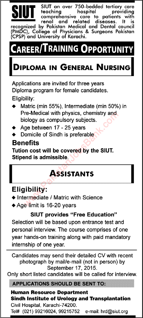 Sindh Institute of Urology & Transplantation Jobs 2015 August Assistants & Trainees for General Nursing Diploma