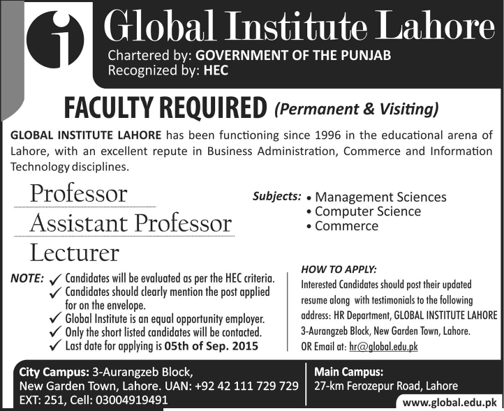 Global Institute Lahore Jobs 2015 August Teaching Faculty Latest