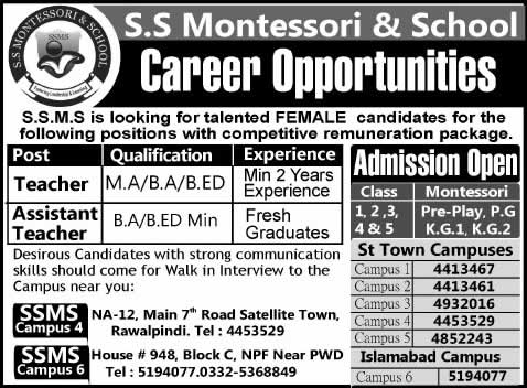 Latest Teaching Jobs in SS Montessori & Schools 2015 August Rawalpindi / Islamabad Campuses