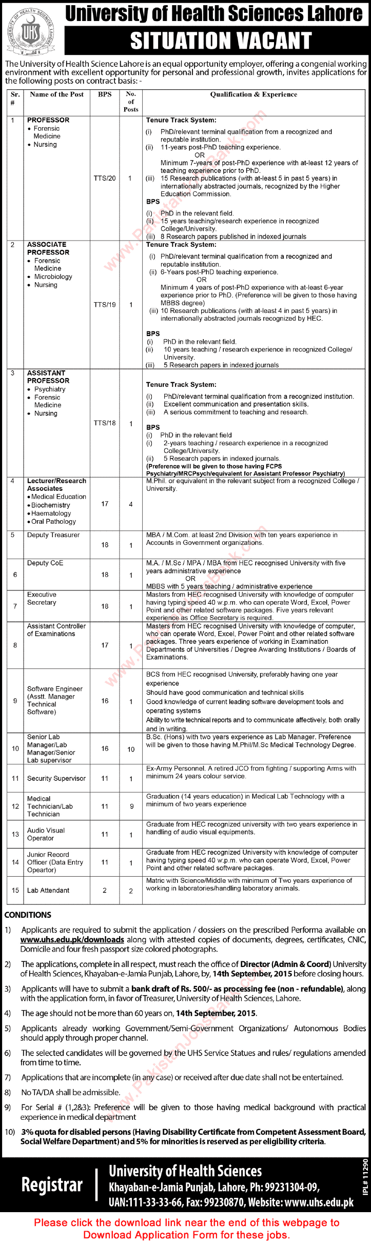 University of Health Sciences Lahore Jobs 2015 August Application Form Teaching Faculty & Admin Staff