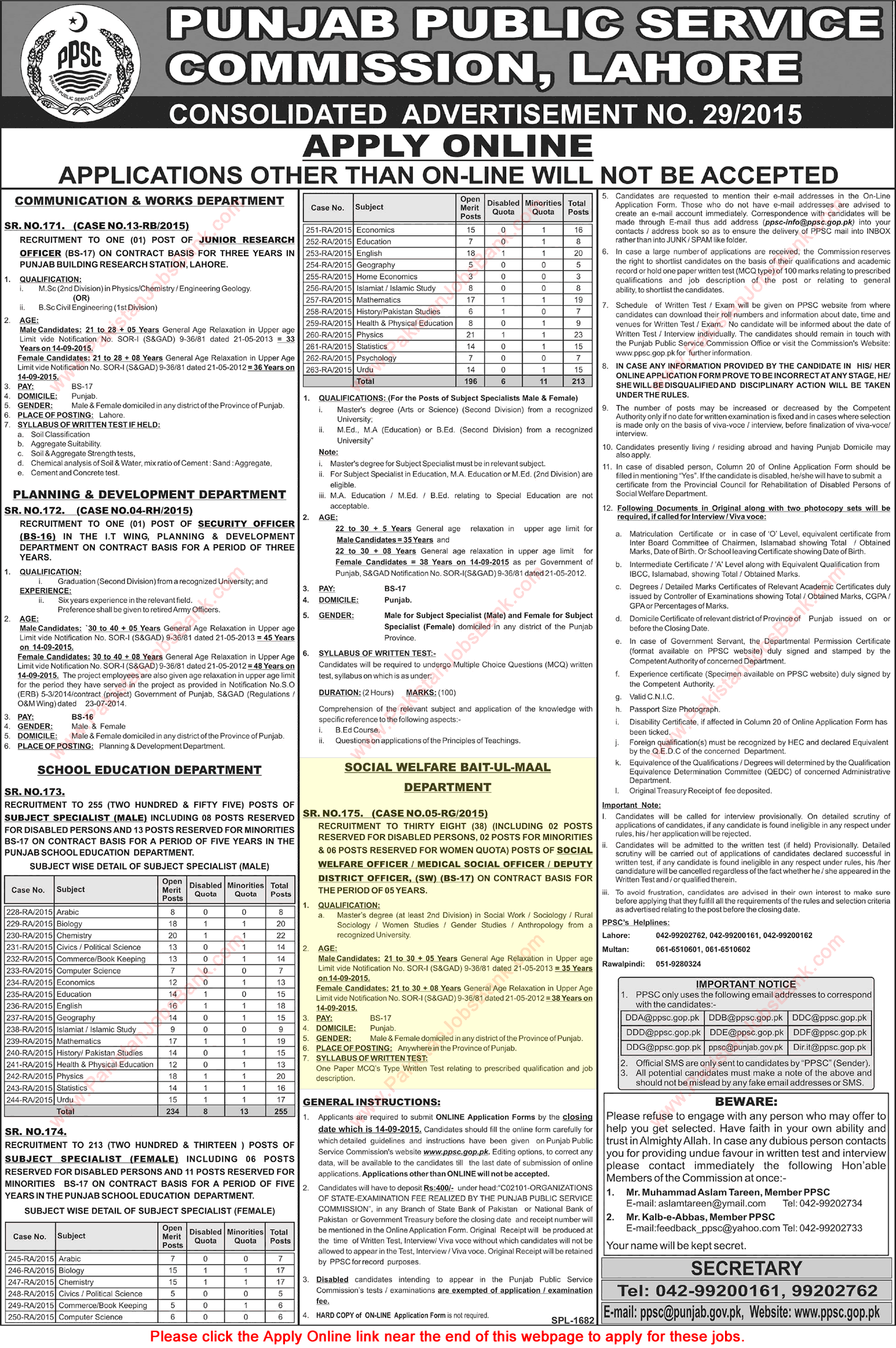 Punjab Social Welfare Department Bait-ul-Maal Jobs 2015 August / September PPSC Online Apply Latest