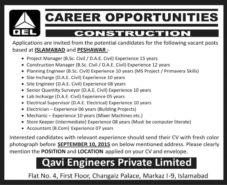 Qavi Engineers Private Limited Jobs 2015 August / September Civil Engineers, Technicians & Admin Staff