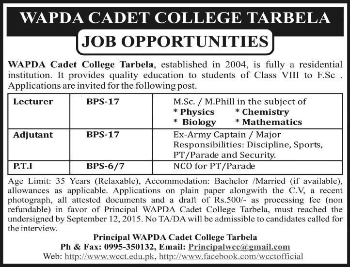 WAPDA Cadet College Tarbela Jobs 2015 August / September Lecturers, Adjutant & Physical Training Instructor