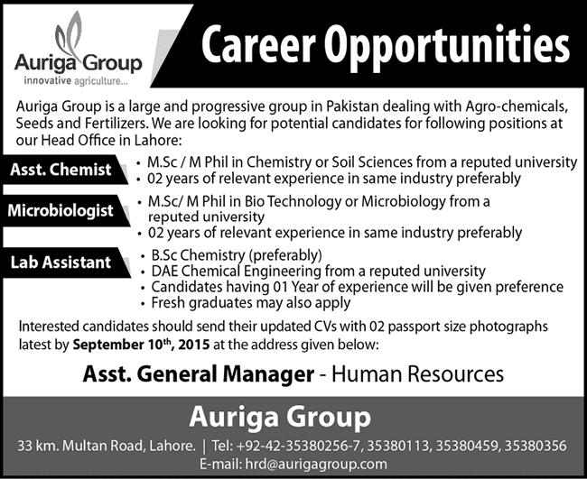 Auriga Group Lahore Jobs 2015 August / September Chemist, Microbiologist & Lab Assistant Latest