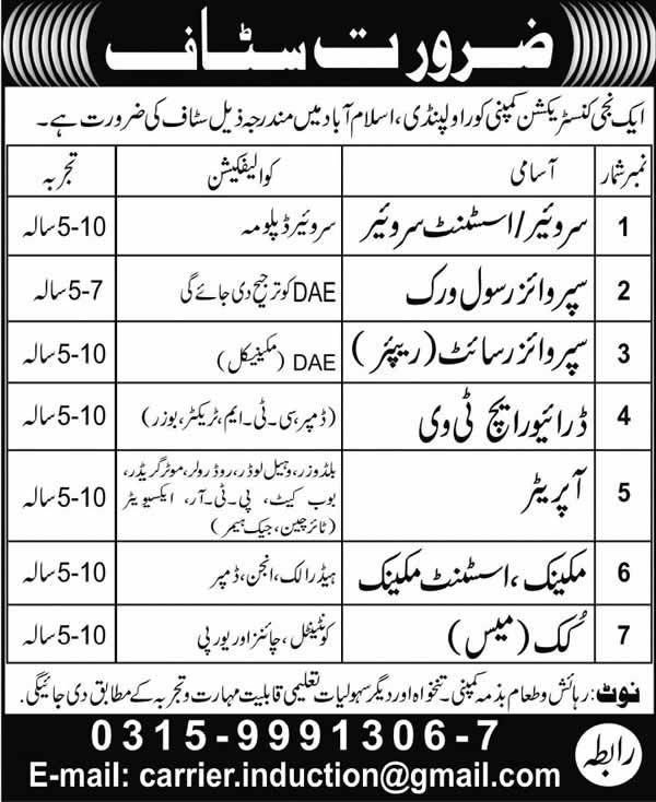 Construction Jobs in Rawalpindi / Islamabad 2015 September Engineers, Vehicle Driver / Operators & Others