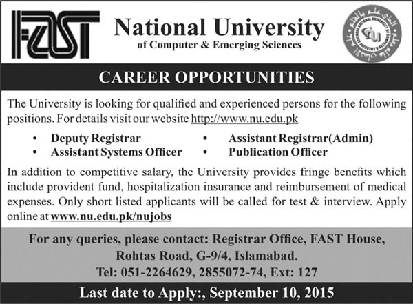 FAST National University Islamabad Jobs 2015 August / September Apply Online Admin Staff