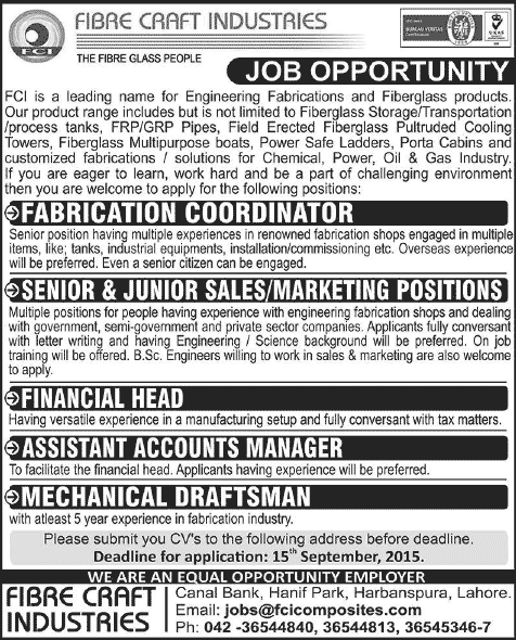 Fibre Craft Industries Lahore Jobs 2015 August / September Accounting / Sales Staff & Others