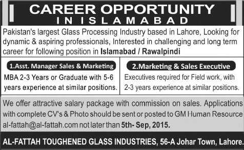 Sales & Marketing Jobs in Rawalpindi Islamabad 2015 August / September Al Fattah Glass Industries