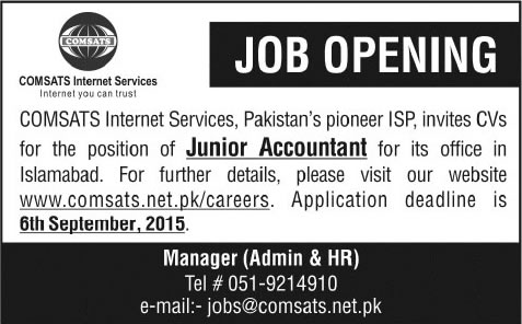 Accountant Jobs in COMSATS Internet Services Islamabad 2015 August / September Latest