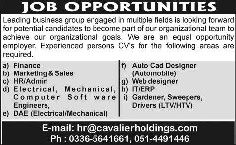 Cavalier Holding Islamabad Jobs 2015 August / September Engineering & Admin Staff Latest