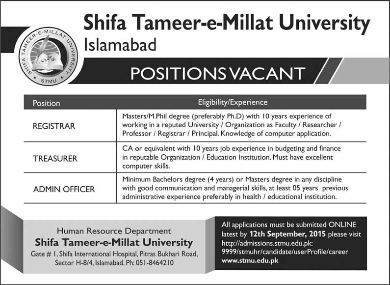 Shifa Tameer-e-Millat University Islamabad Jobs 2015 August / September STMU Apply Online