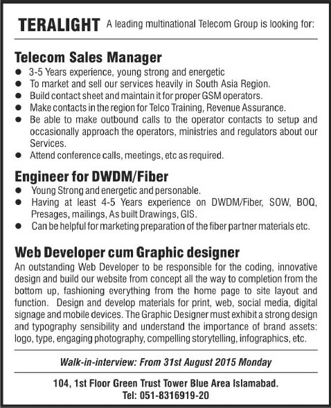 Teralight Islamabad Jobs 2015 August / September Sales Manager, Engineer & Web Developer / Graphic Designer