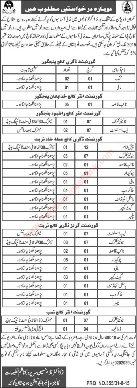 Education Department Balochistan Jobs 2015 September Support Staff for Government Colleges Makran Division