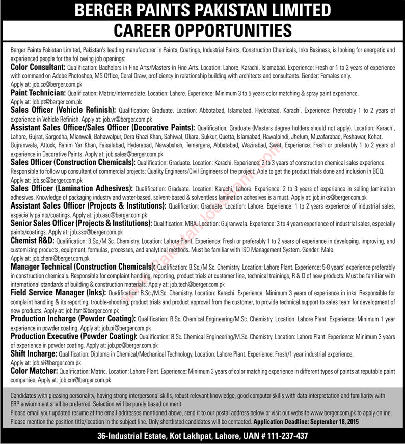 Berger Paints Pakistan Jobs 2015 September Sales Officers, Engineers, Chemist, Color Matcher & Others