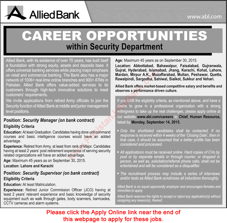 Allied Bank Jobs September 2015 ABL Apply Online Security Supervisors & Managers Latest