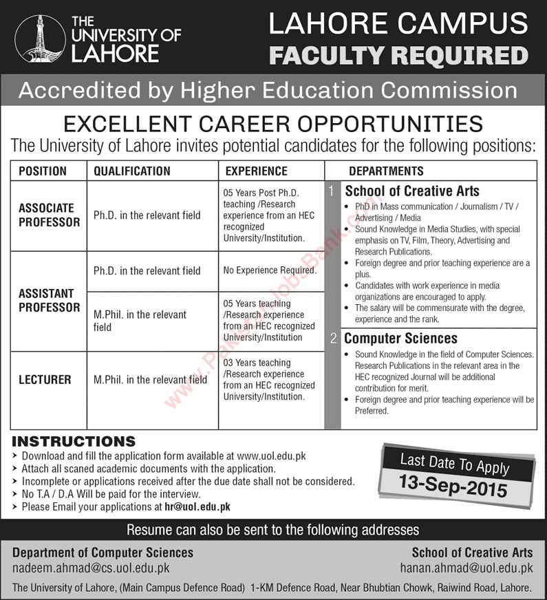 University of Lahore Jobs 2015 September Teaching Faculty Latest