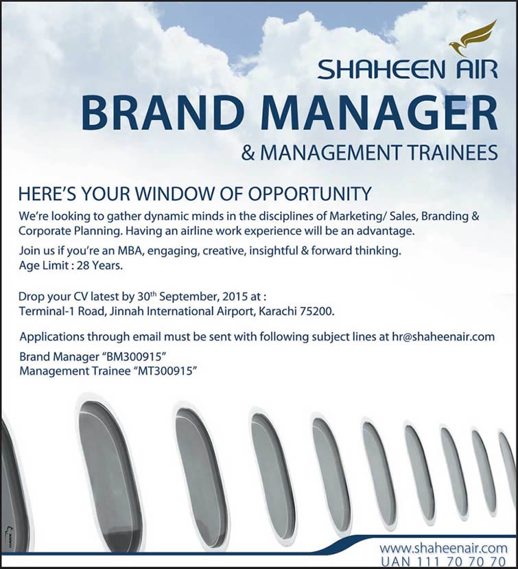 Shaheen Airline Jobs September 2015 Brand Manager & Management Trainees Latest