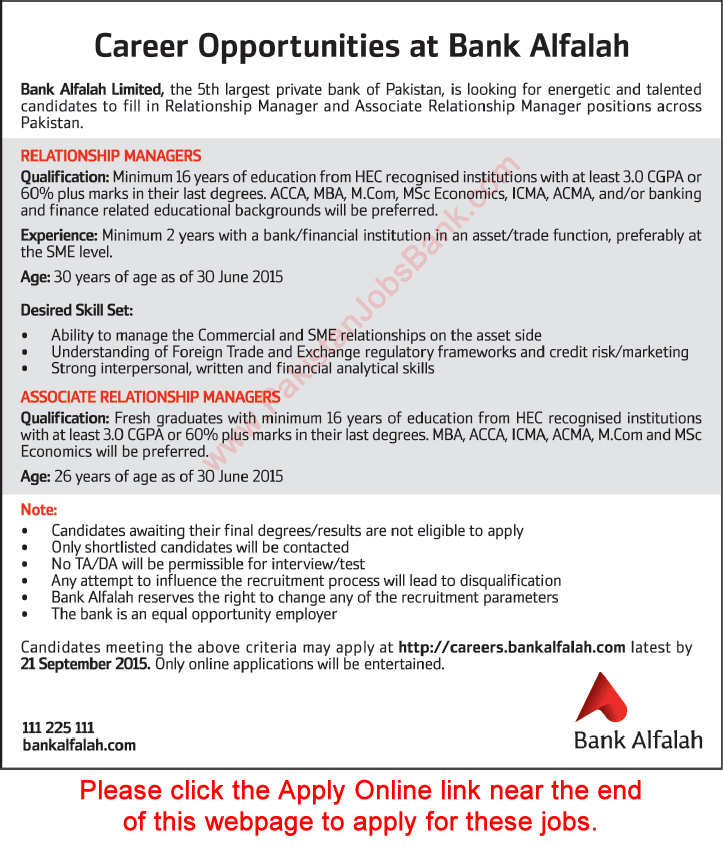 Bank Alfalah Jobs September 2015 Relationship Managers Online Application Form Latest