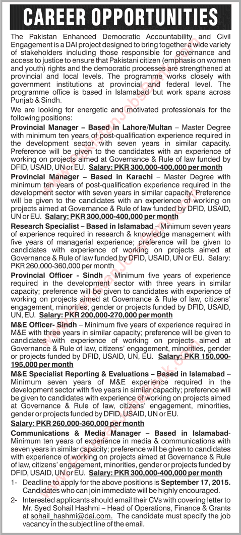 DAI Pakistan Jobs 2015 September Provincial Managers / Officers, Research / M&E Specialists & Media Manager