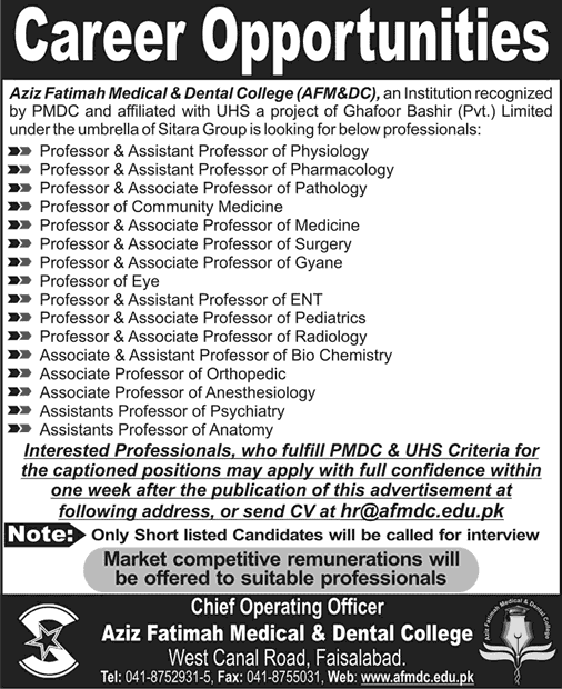 Aziz Fatimah Medical & Dental College Faisalabad Jobs 2015 September Medical Faculty Latest