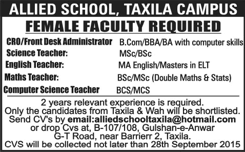 Allied School Taxila Campus Jobs 2015 September Teaching Faculty & Front Desk Officer