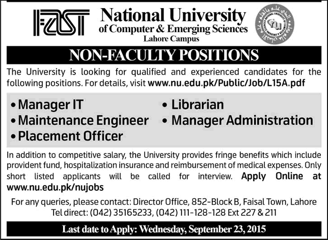 FAST National University Lahore Jobs 2015 September Online Apply Non-Faculty Positions Latest