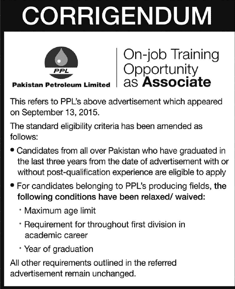 Pakistan Petroleum Limited Jobs 2015 September PPL On-Job Training as Associate Eligibility Criteria