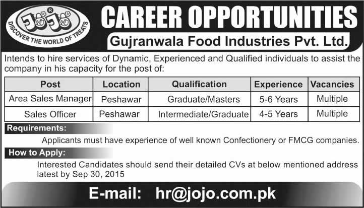 Gujranwala Food Industries JOJO Jobs 2015 September Peshawar Area Sales Managers & Sales Officer