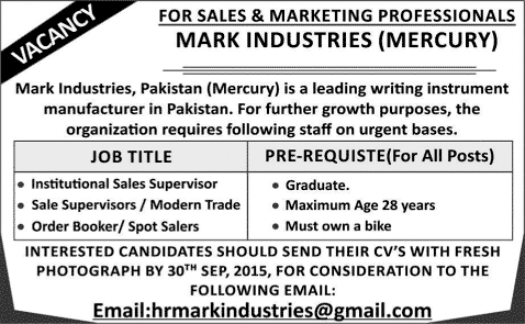 Mark Industries Pakistan Jobs 2015 September Sales and Marketing Staff Latest