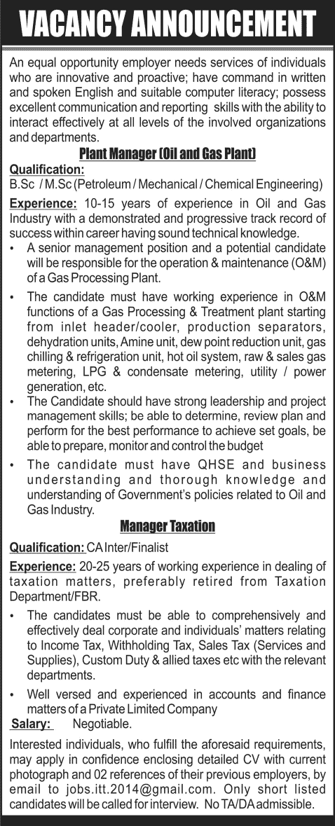 Oil and Gas Plant Manager & Taxation Manager Jobs in Pakistan 2015 September