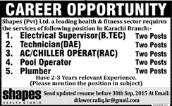 Shapes Karachi Jobs 2015 September Electrical Supervisor, Technician, AC / Chiller Operator & Others