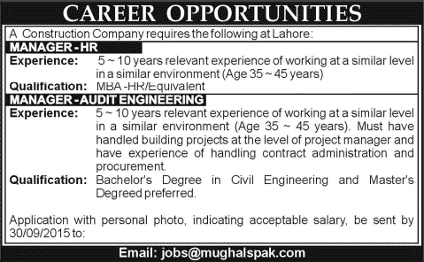 HR Manager & Civil Engineering Jobs in Lahore 2015 September Mughals Pakistan (Pvt.) Limited